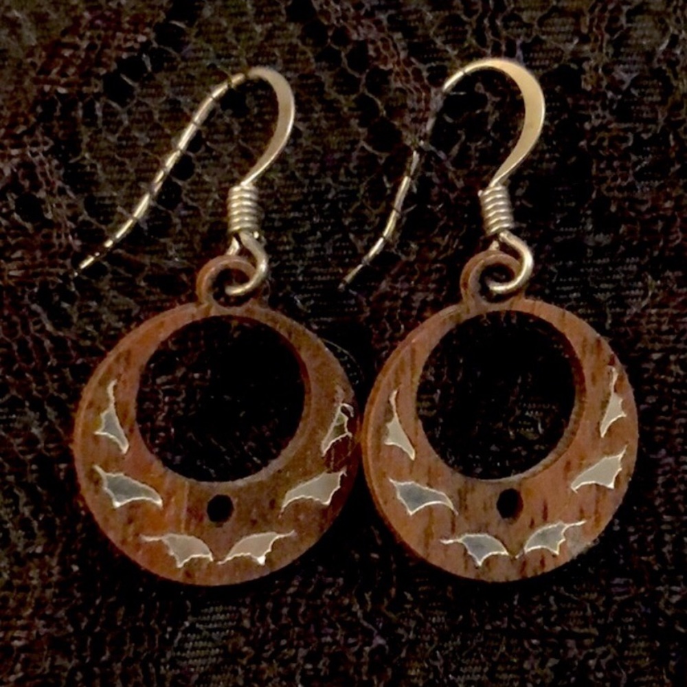 Walnut and Inlaid Silver Dangle Earrings Sterling Silver Hooks & Silk Gift Bag